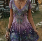 Womens Retro Bohemian Rose Embroidered Dress