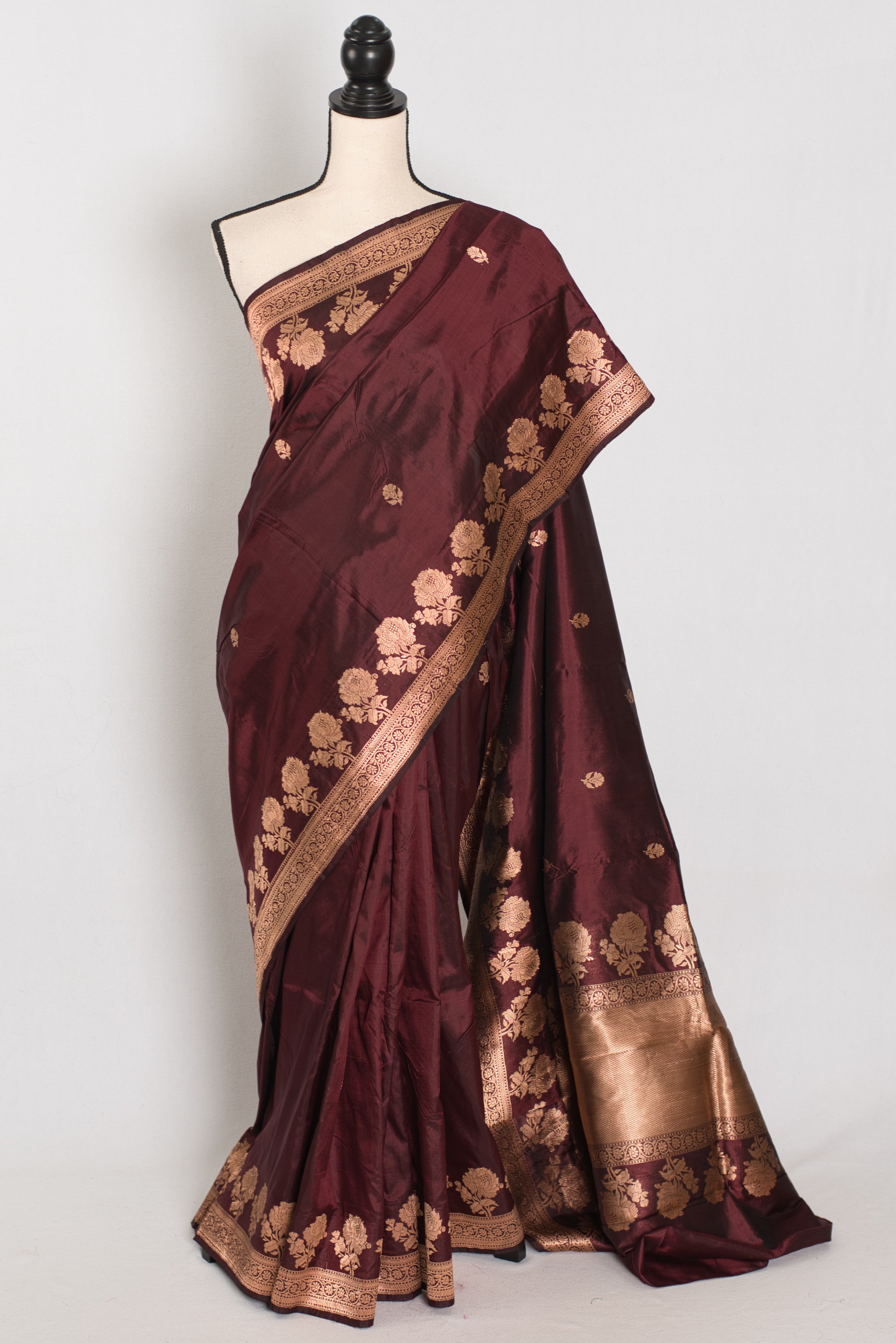 Rosa | Coffee Brown Pure Silk Banarasi Saree | Handwoven Gold Zari Rose Motifs