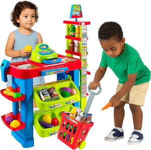 Supermarket Playset for Kids — Grocery Store Pretend Play with Toy Shopping Cart, Cash Register, Scanner & Play Food Accessories – Fun Gift for Ages 3+