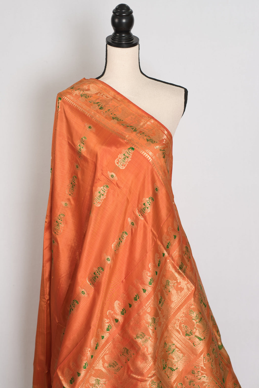 Gauri | Orange and Green Handwoven Bishnupuri Minakari Swarnachari Silk Saree