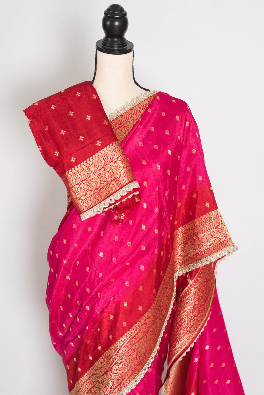 Harini | Pink & Red Dola Silk Banarasi Saree | Designer Stitched Lace Border