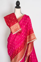 Harini | Pink & Red Dola Silk Banarasi Saree | Designer Stitched Lace Border