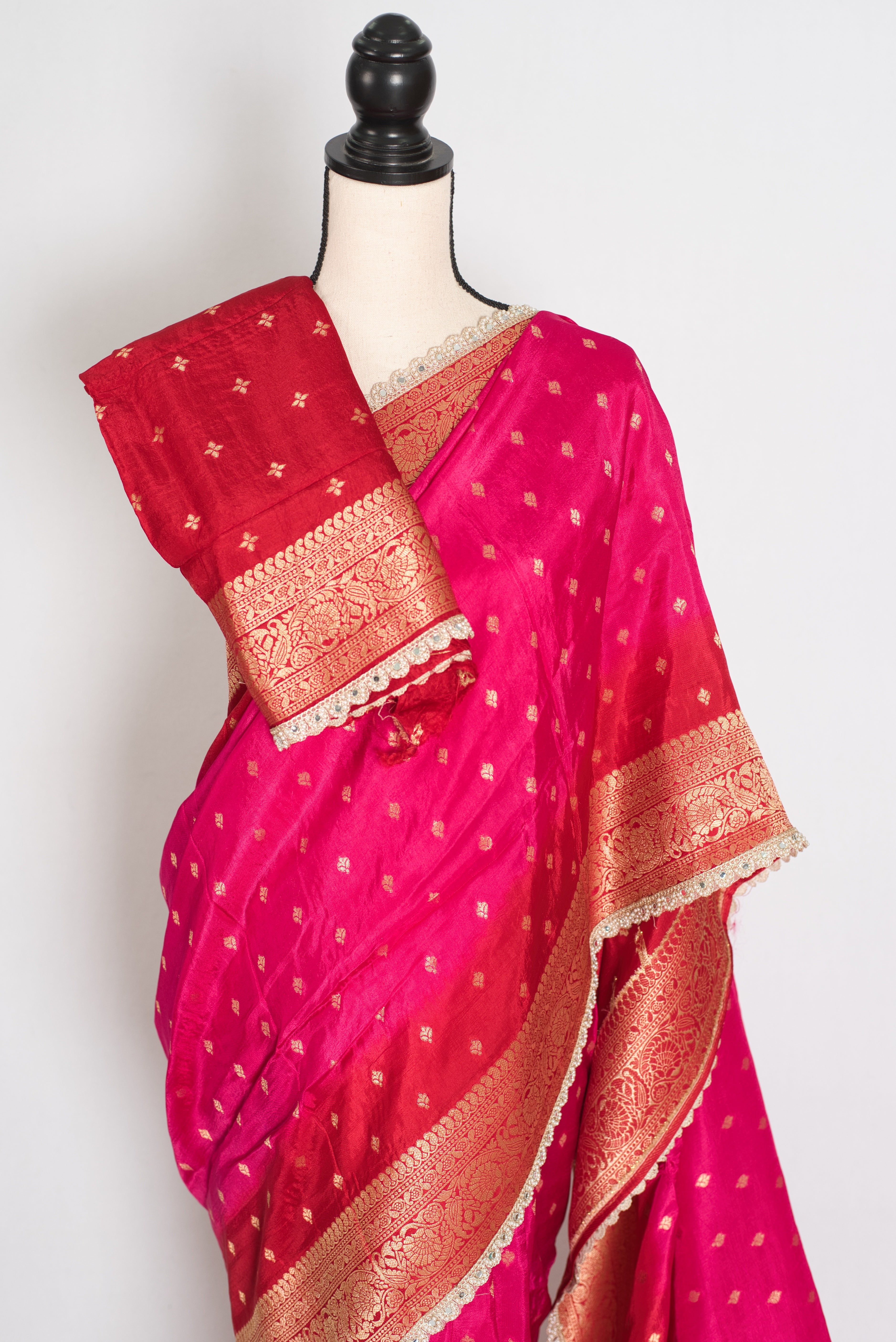 Harini | Pink & Red Dola Silk Banarasi Saree | Designer Stitched Lace Border