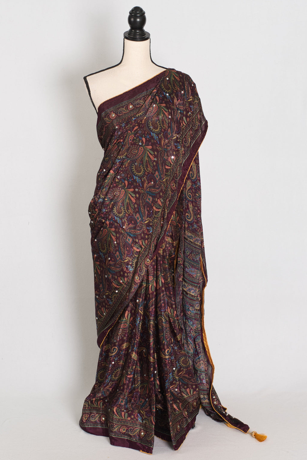 Nirja | Purple Kalamkari Printed Mirror Work Saree | Soft Semi Modal Silk