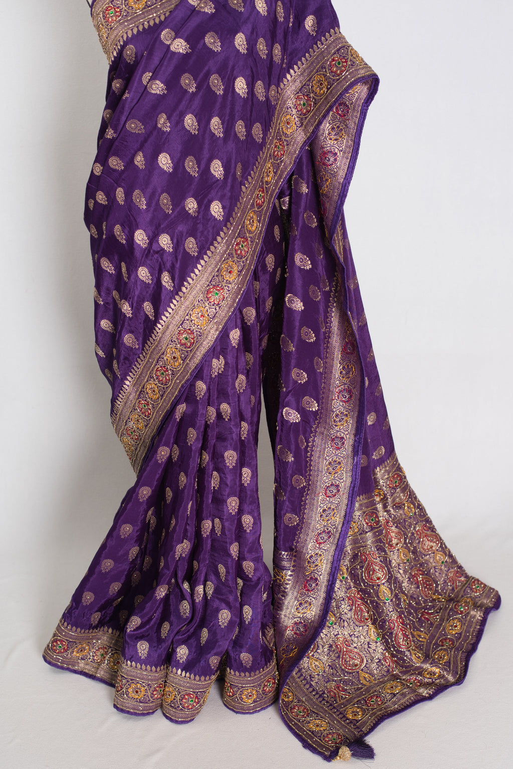 Priya : Purple and Gold Dola Silk Banarasi Saree with 40 Size Blouse