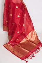 Ishq : Red and Gold Kora Organza Banarasi Saree with Stitched Blouse (Size 36)