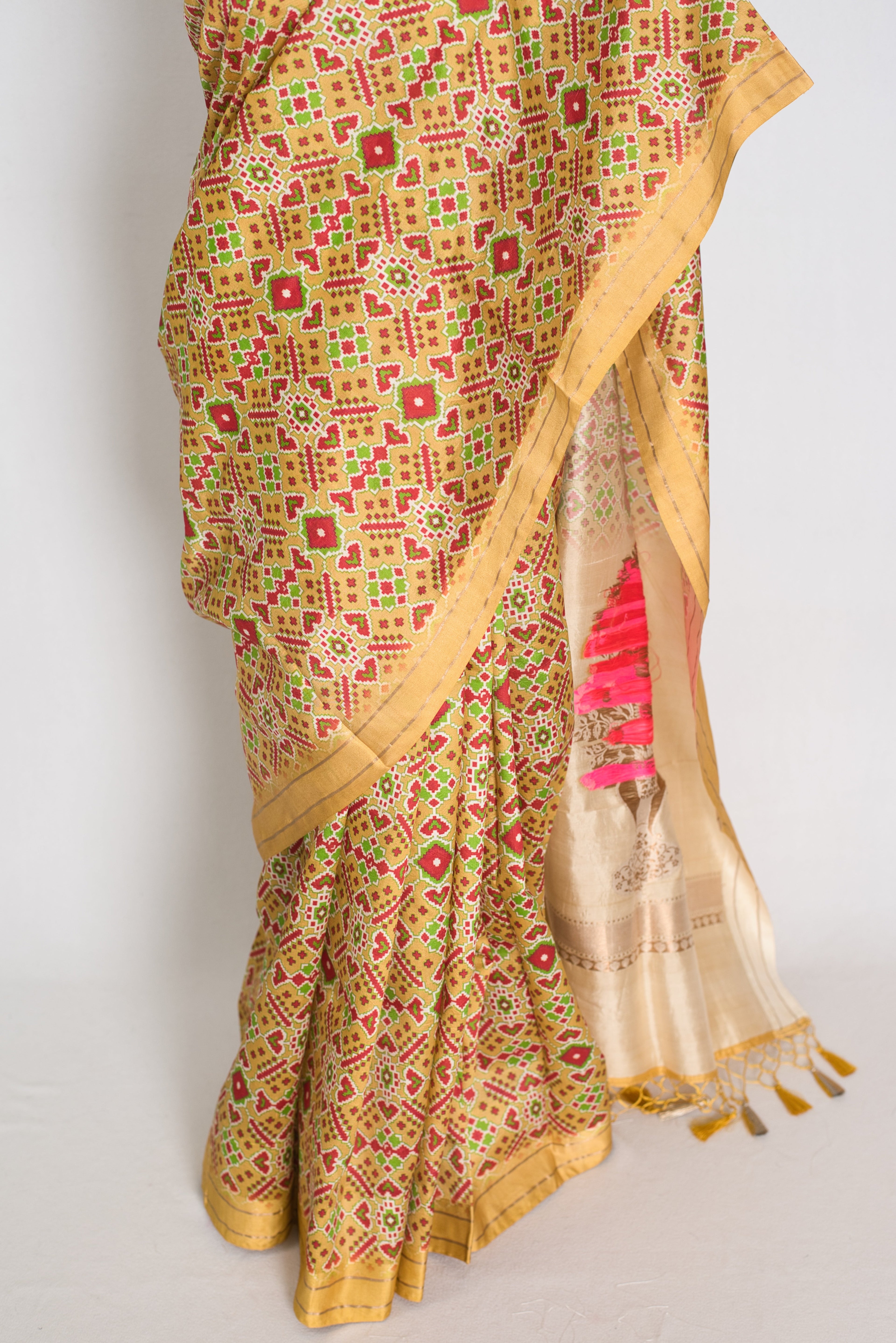 Naheed : Yellow and Gold Contemporary Ikkat Print Banarasi Katan Silk Saree