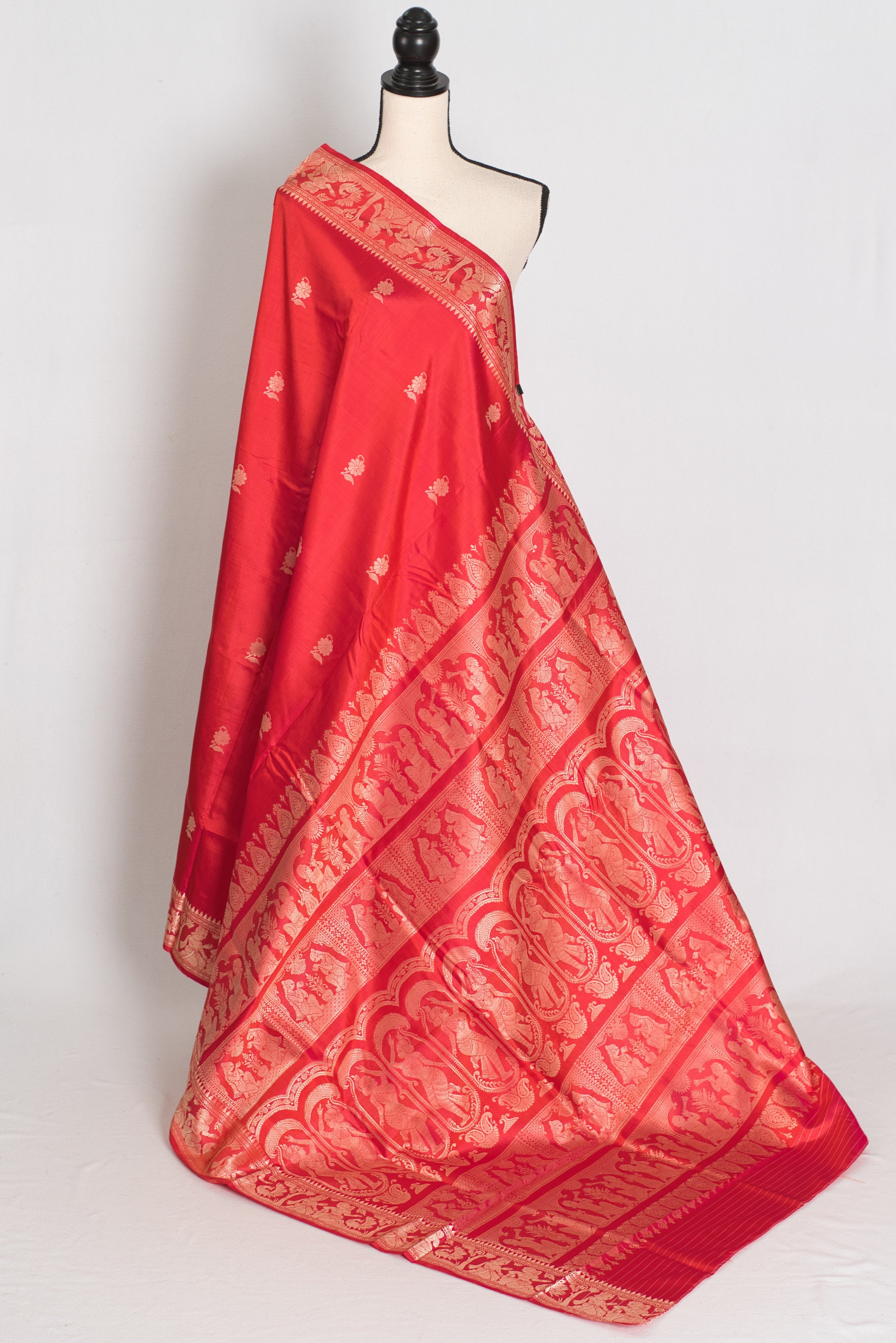 Supriya | Orange Red and Cream Handwoven Baluchari Pure Silk Saree