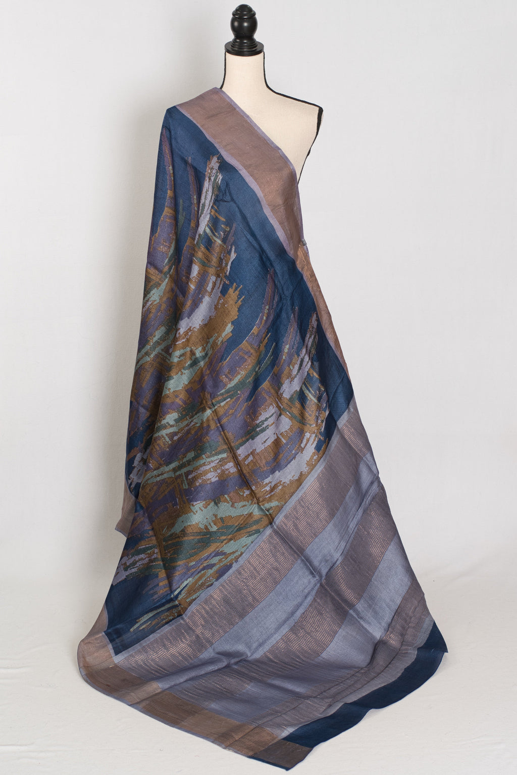 Mukta | Blue & Grey Pure Tussar Silk Saree | Contemporary Graphic Prints