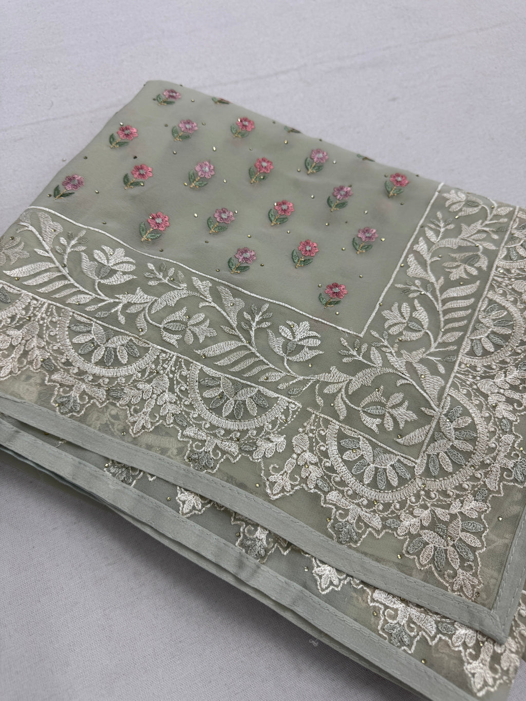 Siya | Light Sage Green Georgette Partywear Saree | Pastel Floral Embroidery