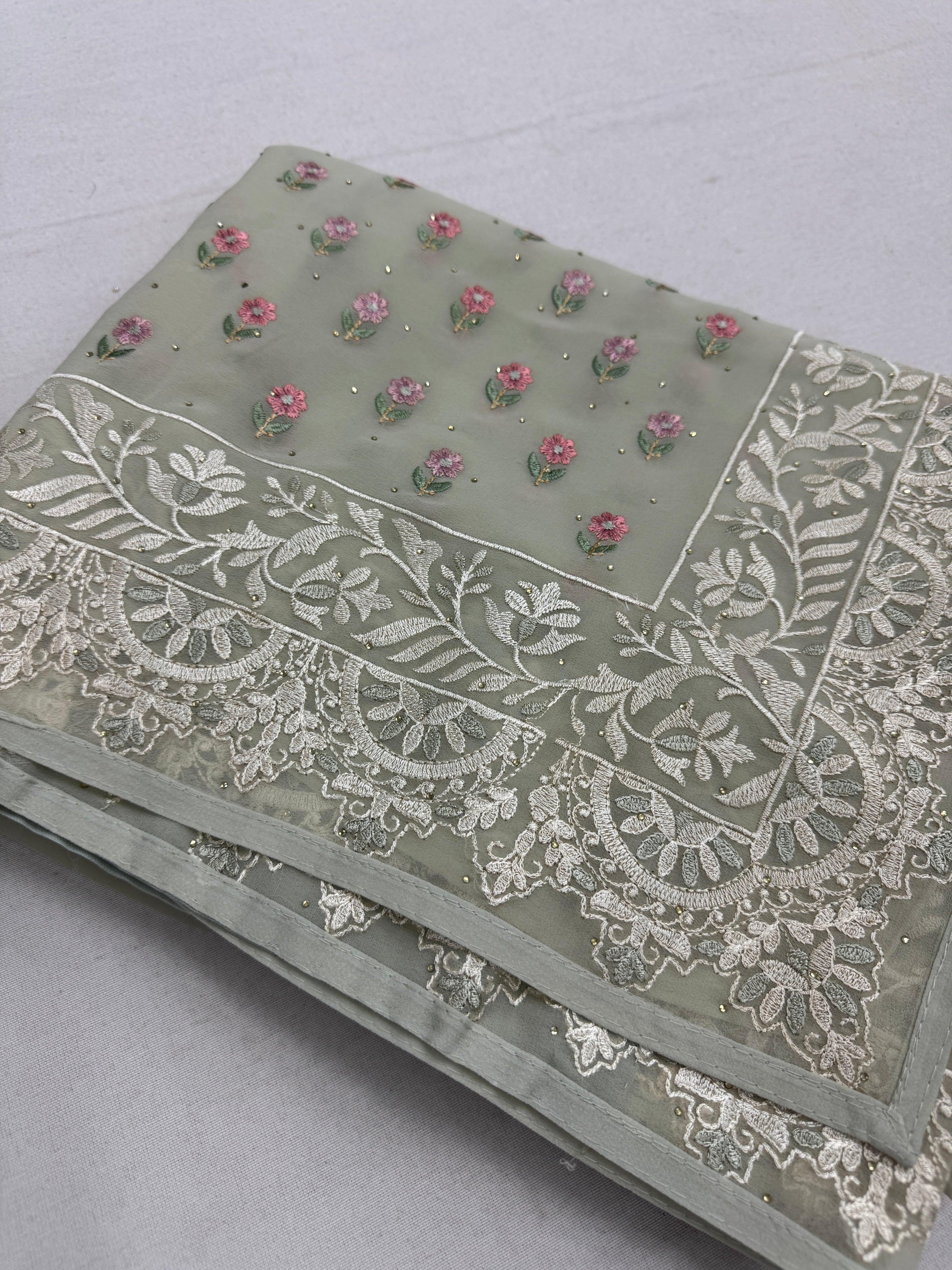 Siya | Light Sage Green Georgette Partywear Saree | Pastel Floral Embroidery