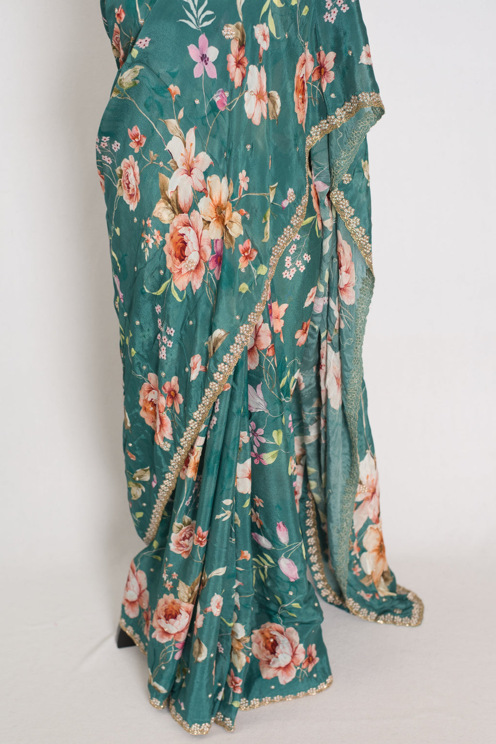 Afrin: Teal Floral Chinon Crepe Saree with Hand-Embroidered Pearl Border