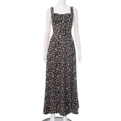 European And American Spring And Summer Floral Backless Slim Fit Sleeveless Split Dress
