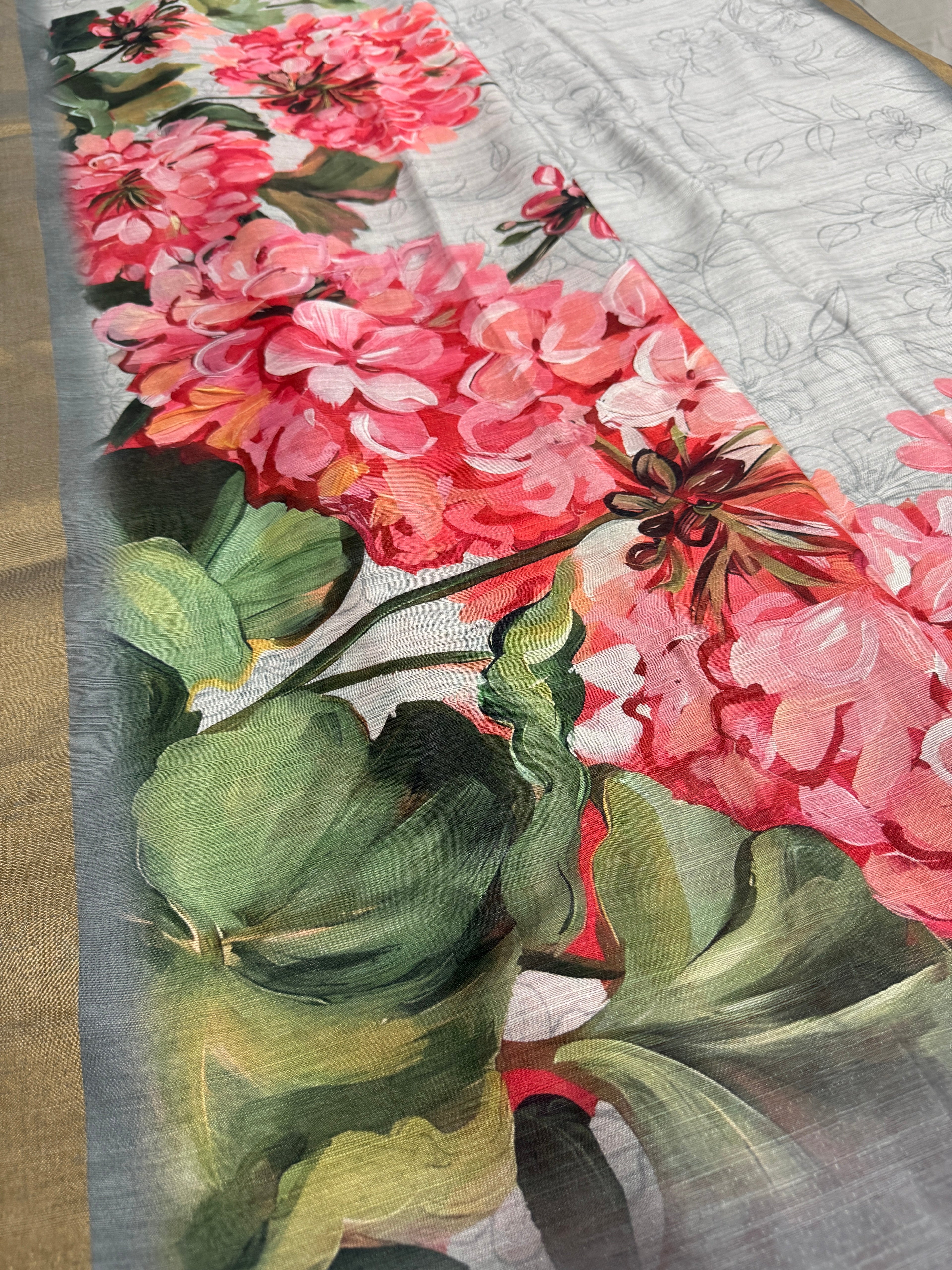 Ila | Grey & Vibrant Pink Floral Printed Semi Tussar Saree