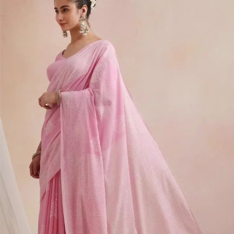 Indonesia and Nepal Chiffon Light Pink Cotton-Linen Ethnic Festival Traditional Print