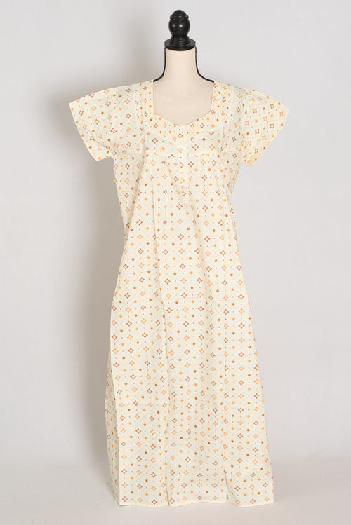 Creamy Yellow Geometric Floral Print Pure Cotton Indian Nightgown