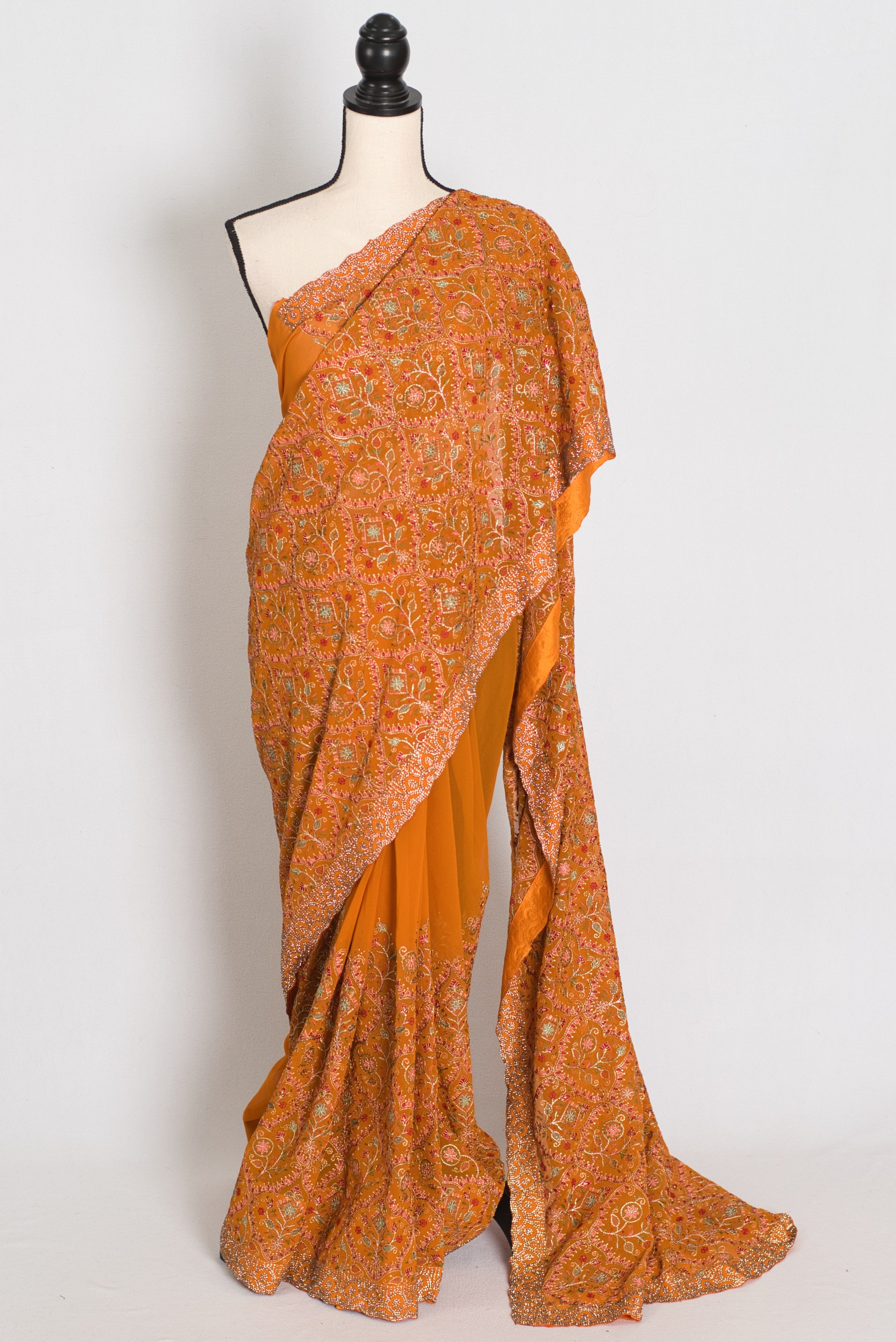 Hira | Orange Georgette Kashmiri Embroidery Saree | Perfect Haldi Wear