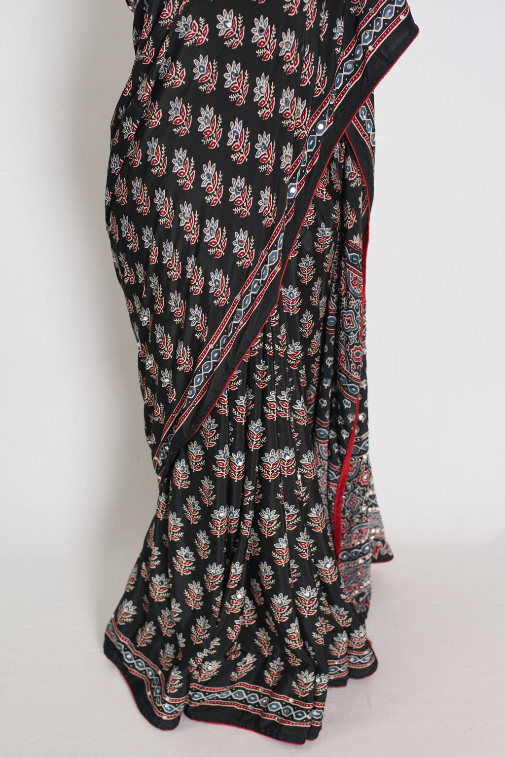 Afrin | Black Ajrakh Printed Saree | Mirror Work Semi Modal Silk