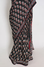 Afrin | Black Ajrakh Printed Saree | Mirror Work Semi Modal Silk