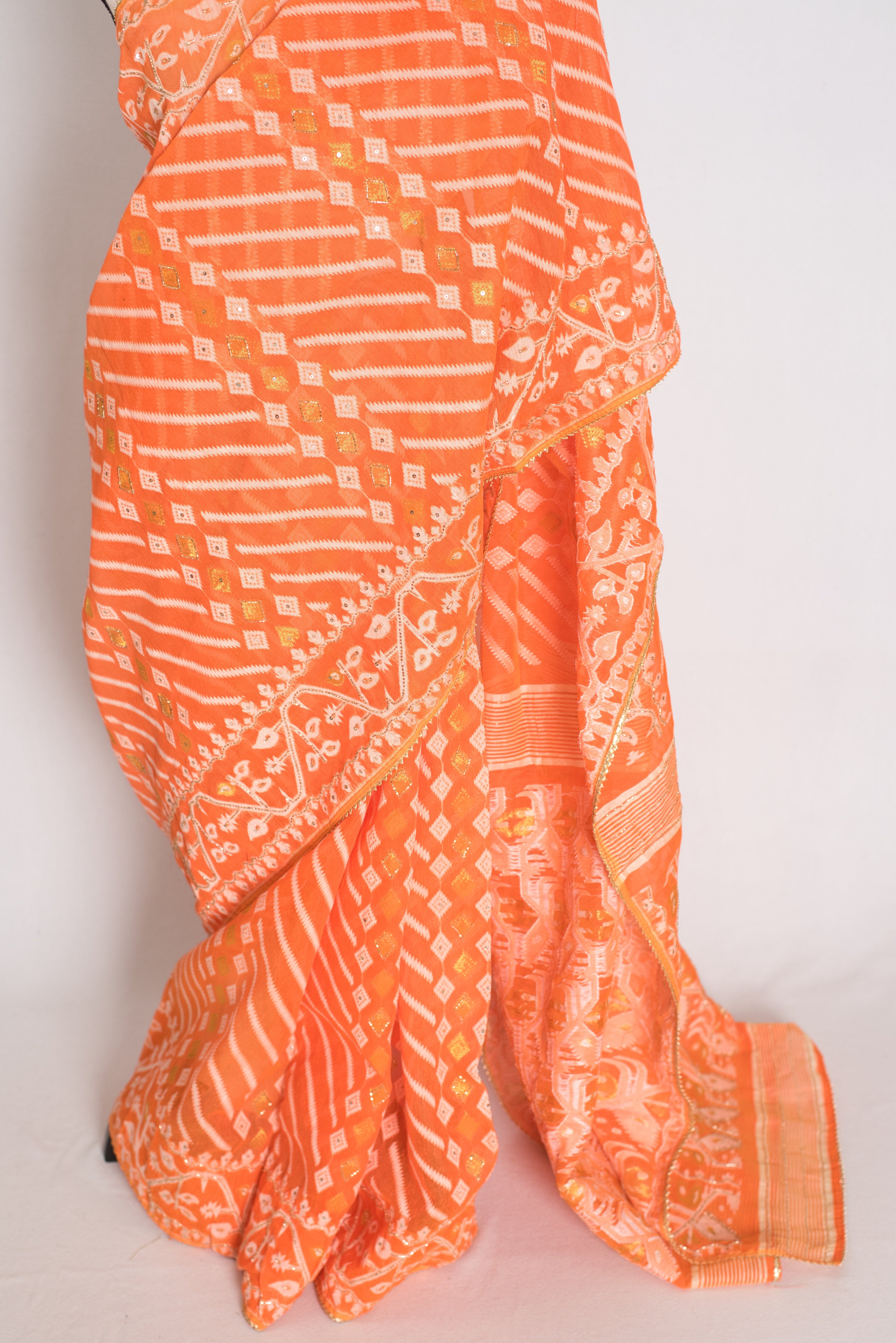 Sia : Festive Orange and White Blended Cotton Jamdani Saree with Hand Embroidery