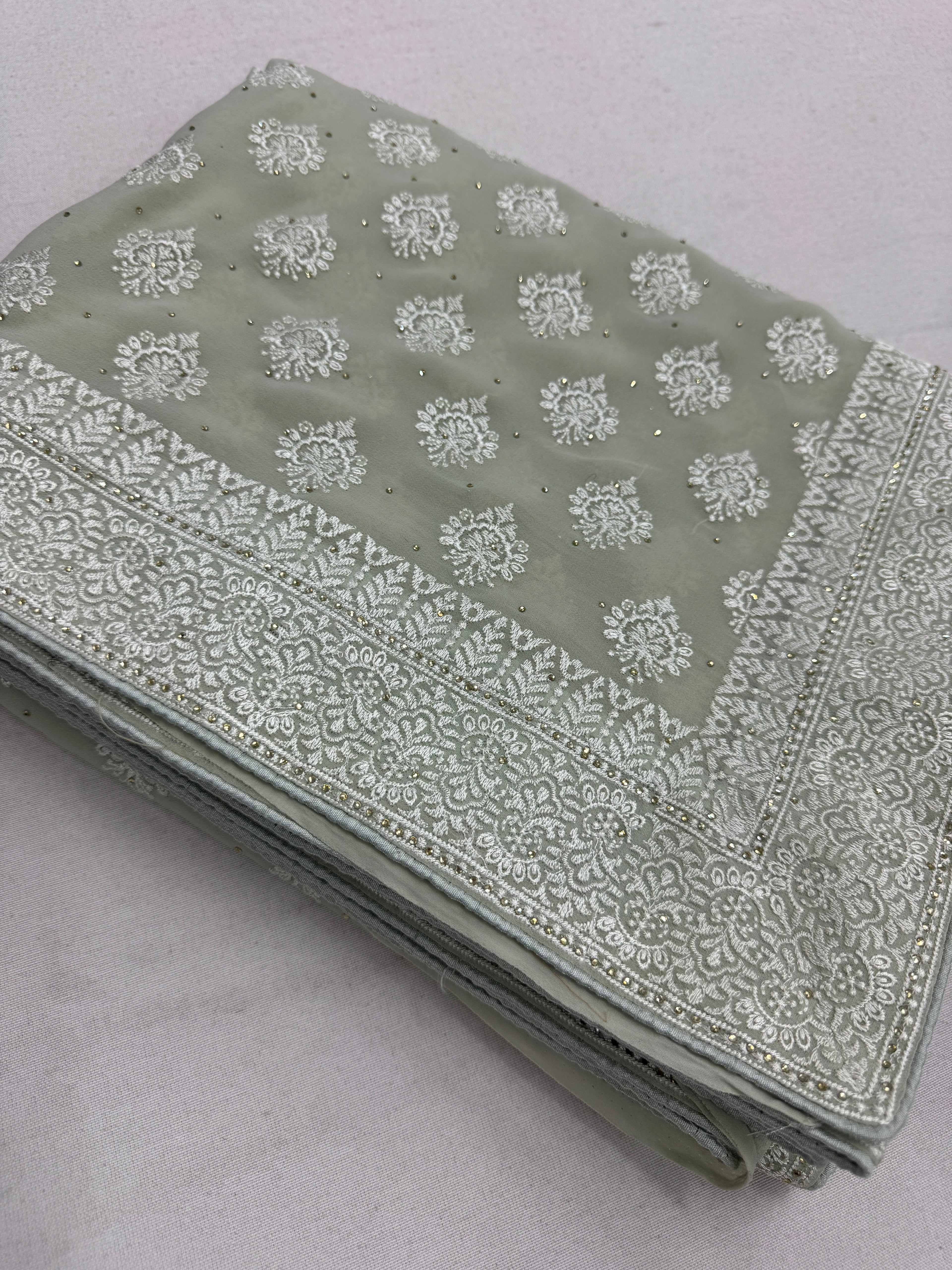 Medha | Sage Green Georgette Cocktail Saree | Elegant Pastel Floral Bootis