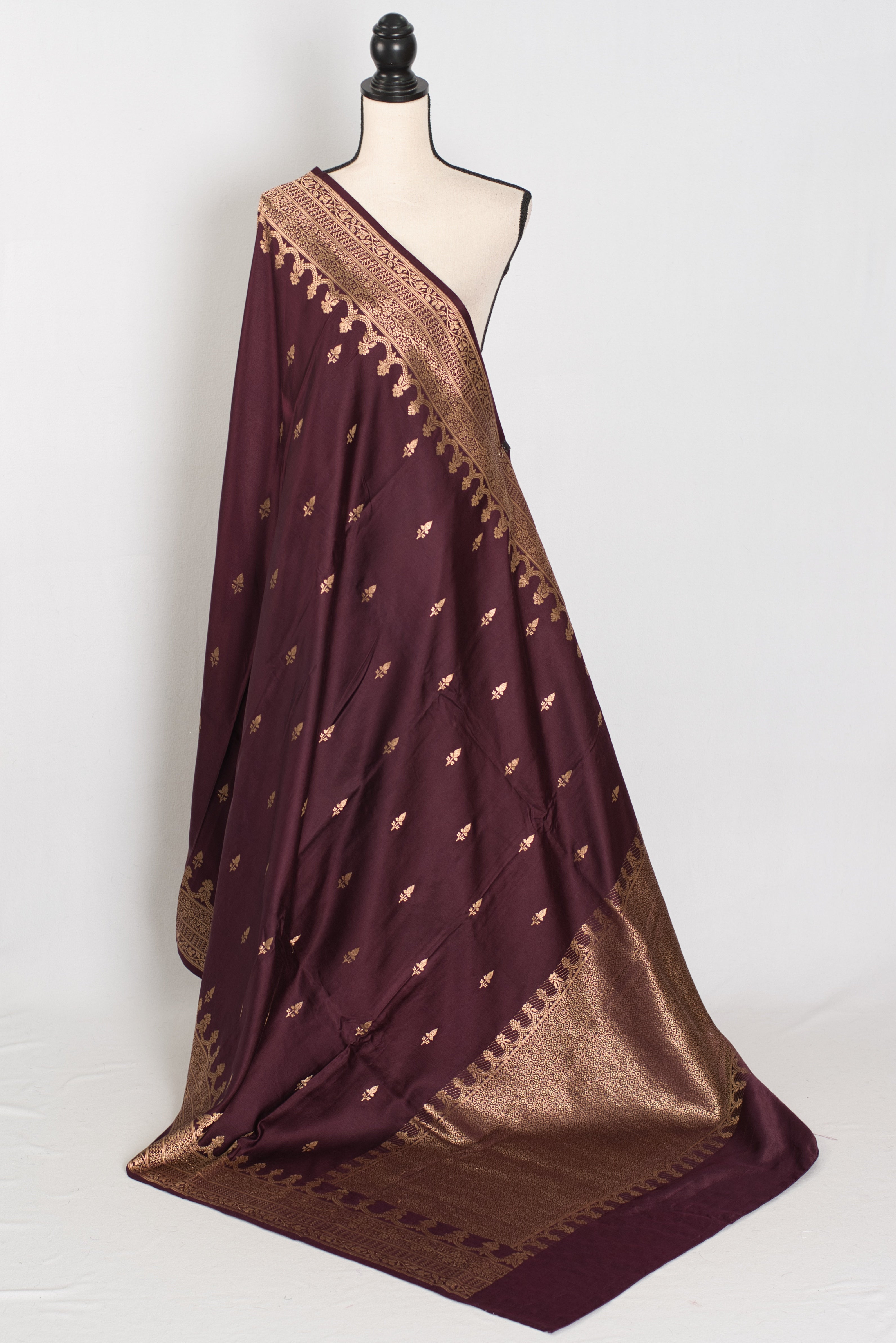 Ruuh | Wine Premium Mashru Banarasi Silk Saree | Antique Gold Zari Weaving