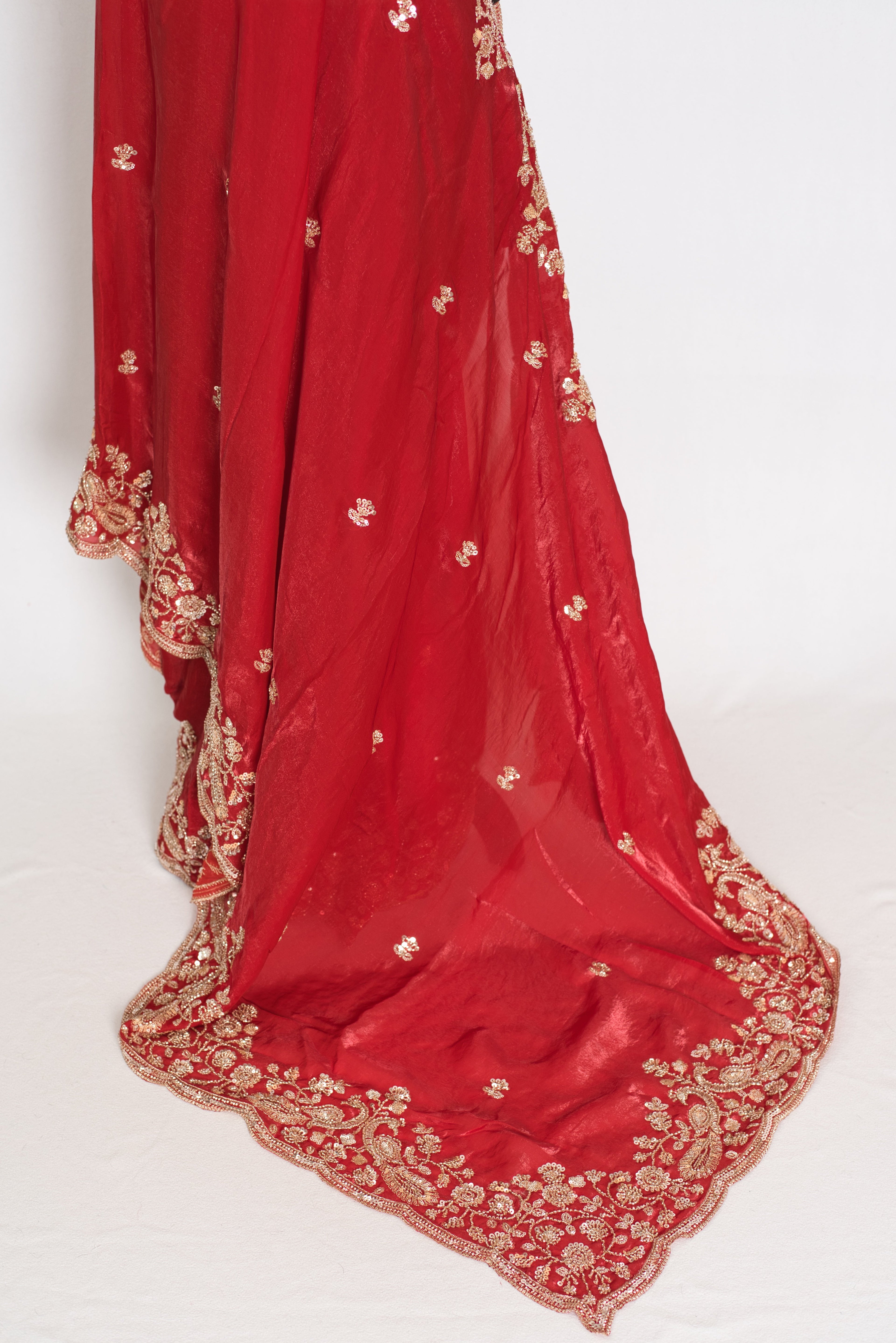 Roshni | Bright Red Tissue Saree | Pre-Stitched Size 40 Blouse