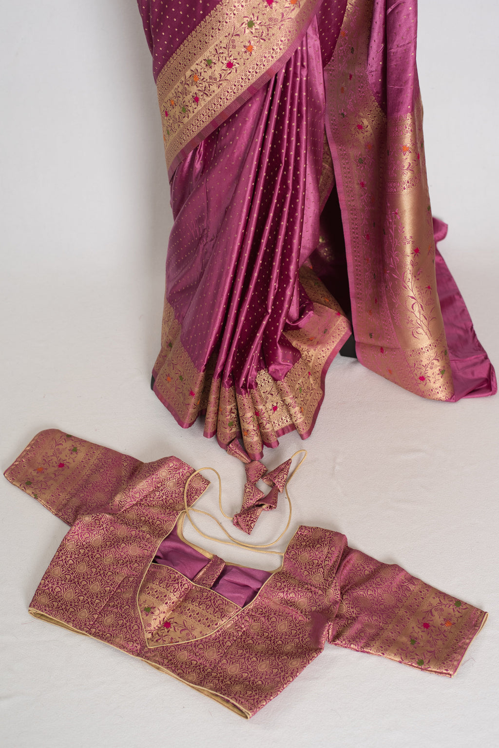 Indrani | Purplish Pink Semi Mashru Banarasi Saree | Pre-Stitched Size 36 Blouse