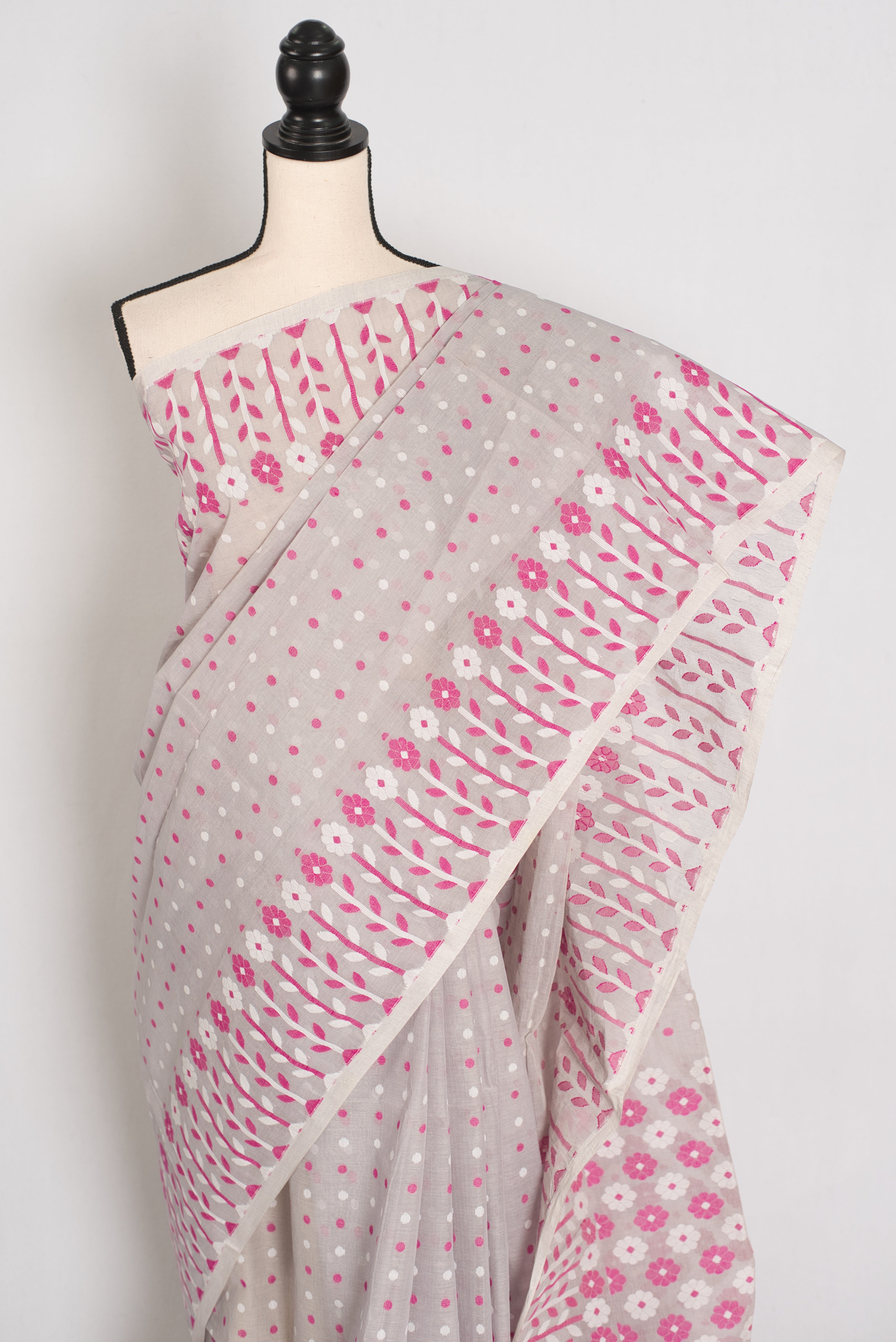 Geeta: Gray, Pink and White Pure Cotton Jamdani Saree with Blouse