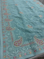 Sudha | Soft Blue Georgette Partywear Saree | Soothing Pastel Floral Embroidery