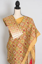 Naheed : Yellow and Gold Contemporary Ikkat Print Banarasi Katan Silk Saree