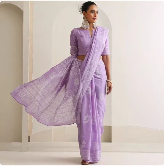 Indian Women's Thin Performance Printed Cotton Light Purple Sari