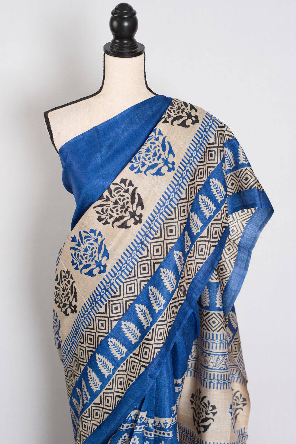 Mati Blue and White Hand Block Printed Tussar Silk Saree with 38 Size Blouse