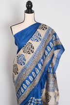 Mati Blue and White Hand Block Printed Tussar Silk Saree with 38 Size Blouse
