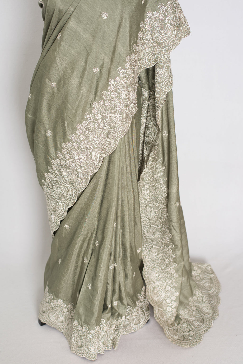 Hema | Sage Green Semi Tussar Silk Saree | Machine Embroidery & Scalloped Border