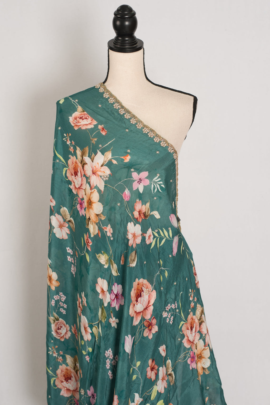 Afrin: Teal Floral Chinon Crepe Saree with Hand-Embroidered Pearl Border