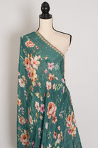 Afrin: Teal Floral Chinon Crepe Saree with Hand-Embroidered Pearl Border