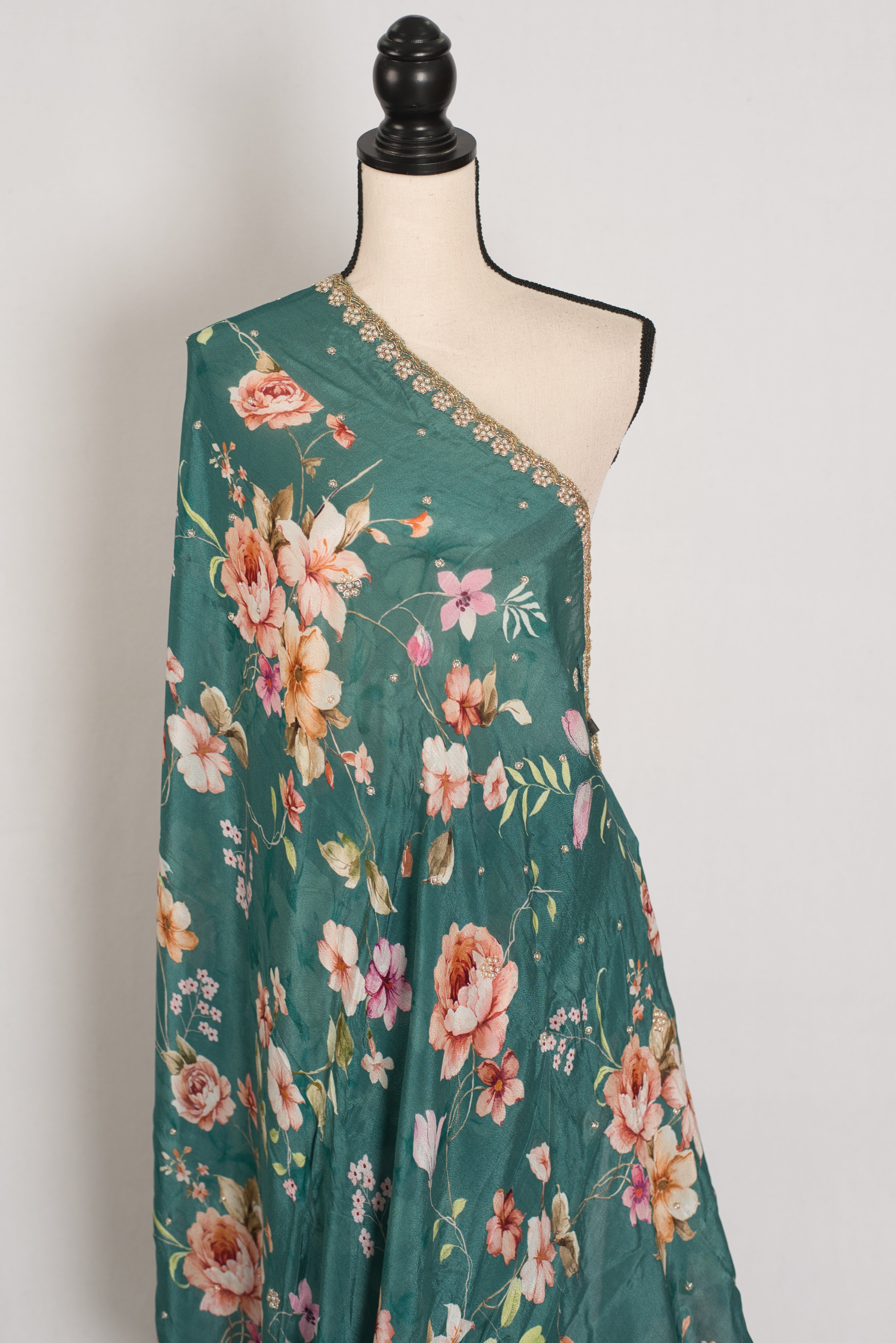 Afrin: Teal Floral Chinon Crepe Saree with Hand-Embroidered Pearl Border