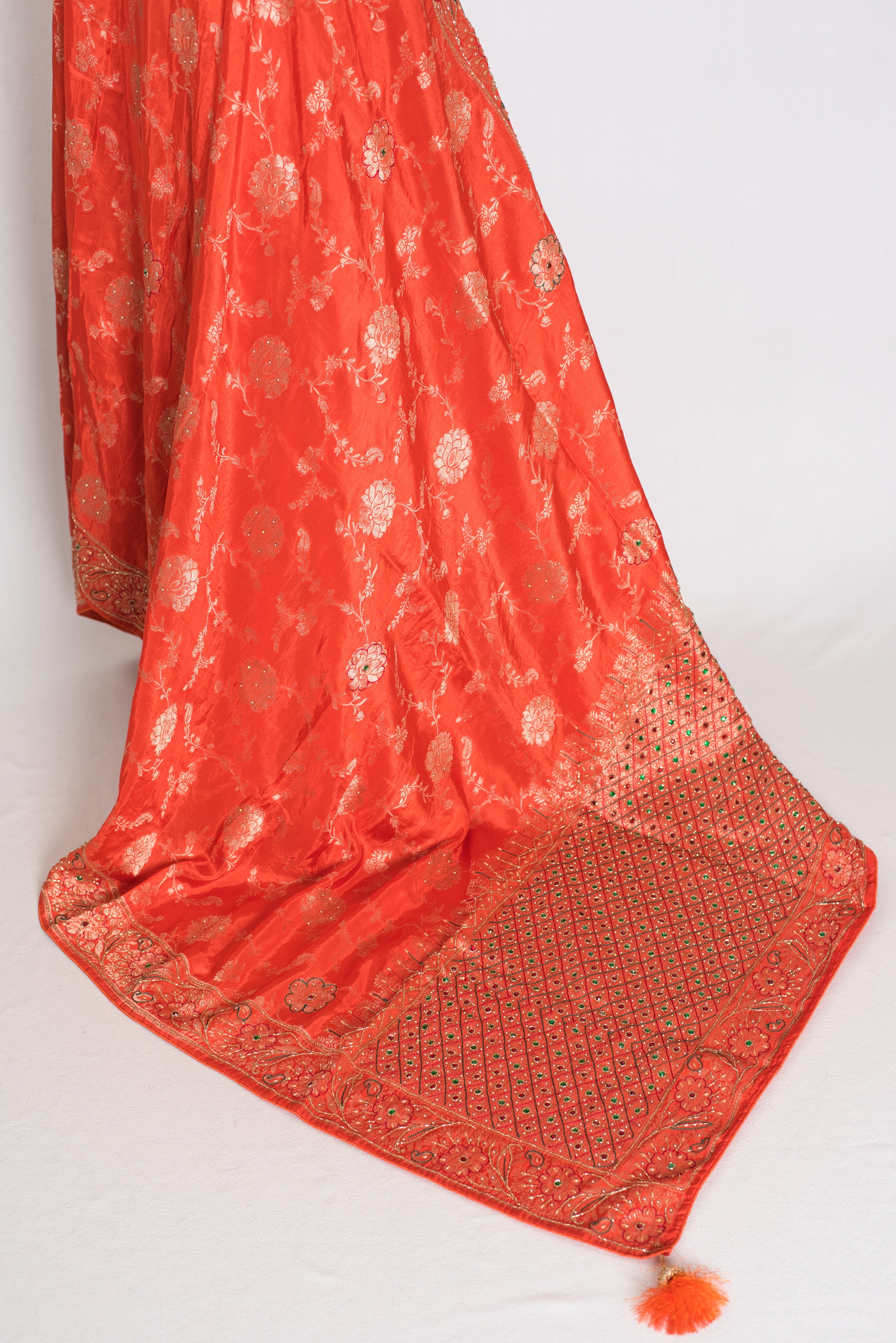 Mahi : Orange and Gold Dola Silk Banarasi Saree – with Hand Embroidery