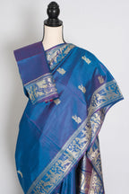 Arpita | Peacock Blue and Cream Handwoven Baluchari Silk Saree
