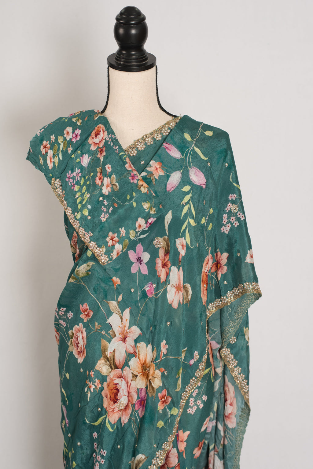 Afrin: Teal Floral Chinon Crepe Saree with Hand-Embroidered Pearl Border