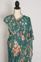 Afrin: Teal Floral Chinon Crepe Saree with Hand-Embroidered Pearl Border