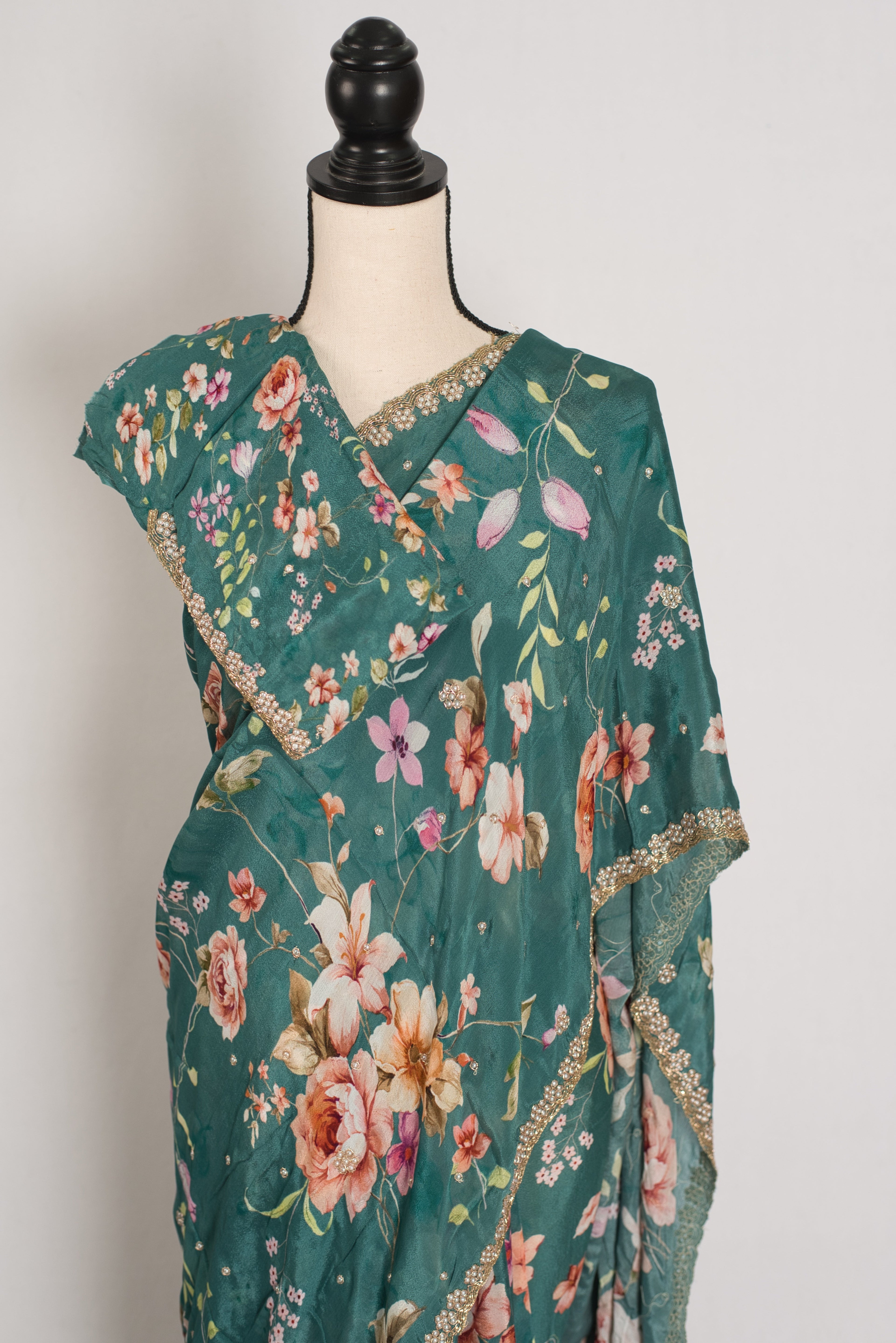 Afrin: Teal Floral Chinon Crepe Saree with Hand-Embroidered Pearl Border