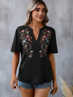 Women's Floral Embroidered Notched V-Neck T-Shirt – Short Sleeve Boho Lace Trim Top