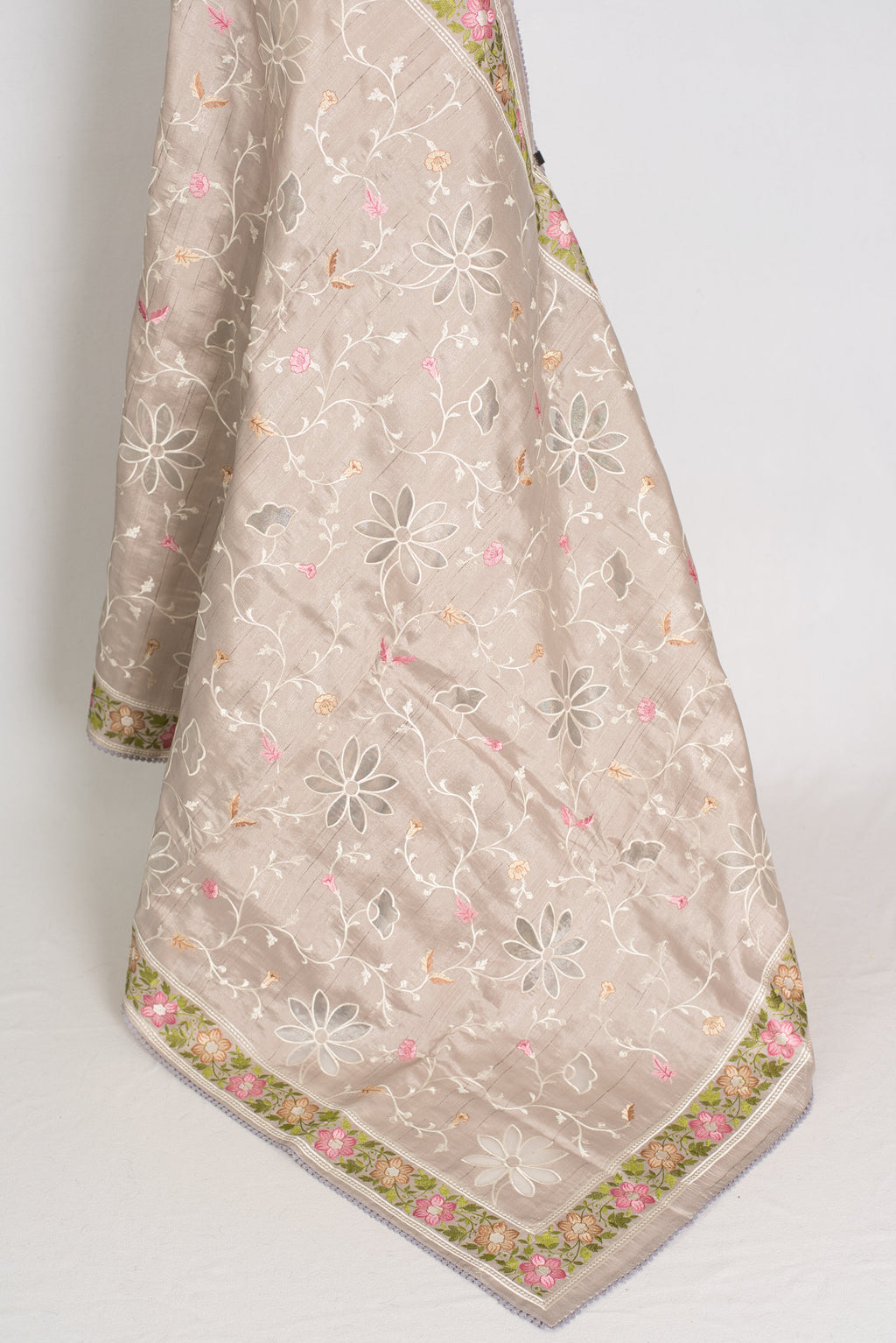 Sriti: Dove Grey Semi Tussar Silk Saree with Floral Cut Work Embroidery