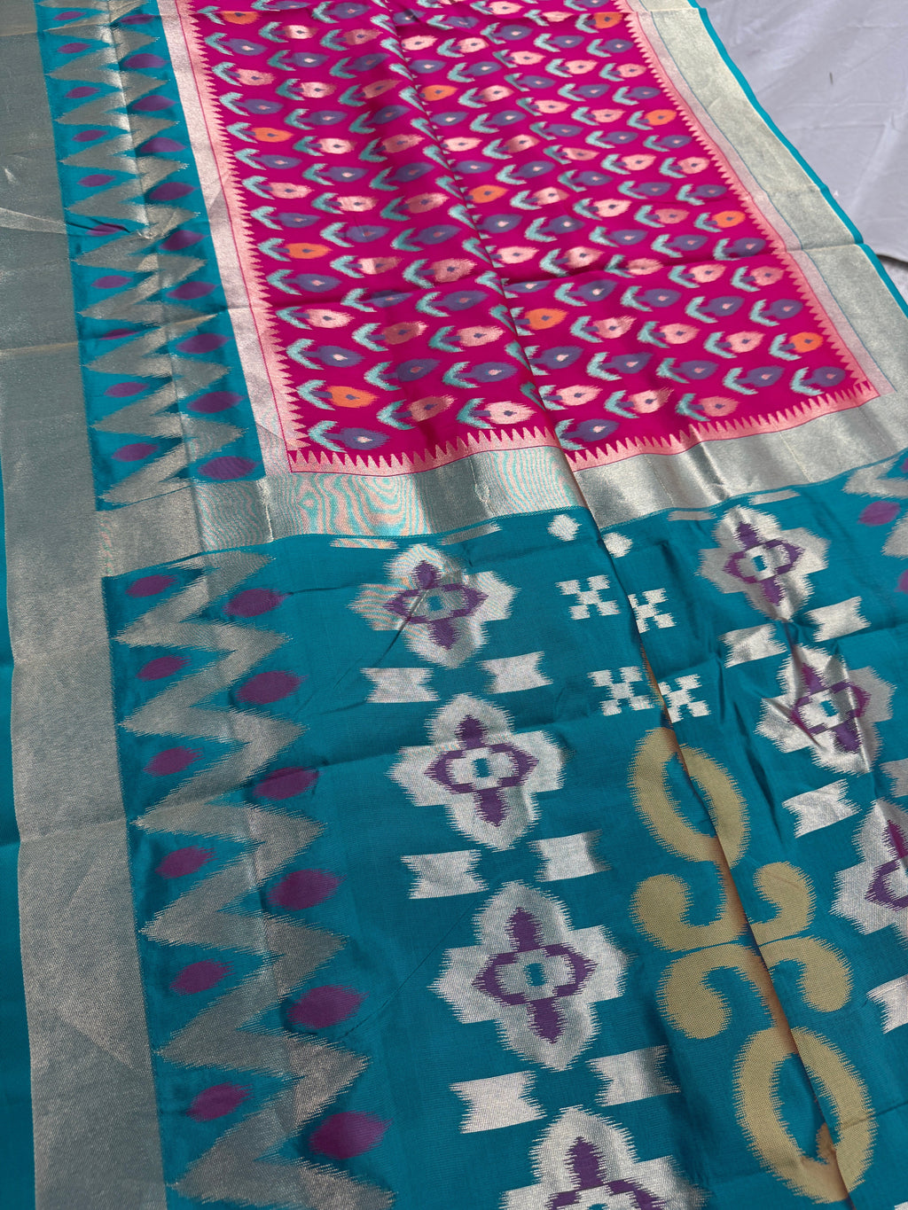 Kalyani | Hot Pink & Rama Green Art Silk Pochampally Saree
