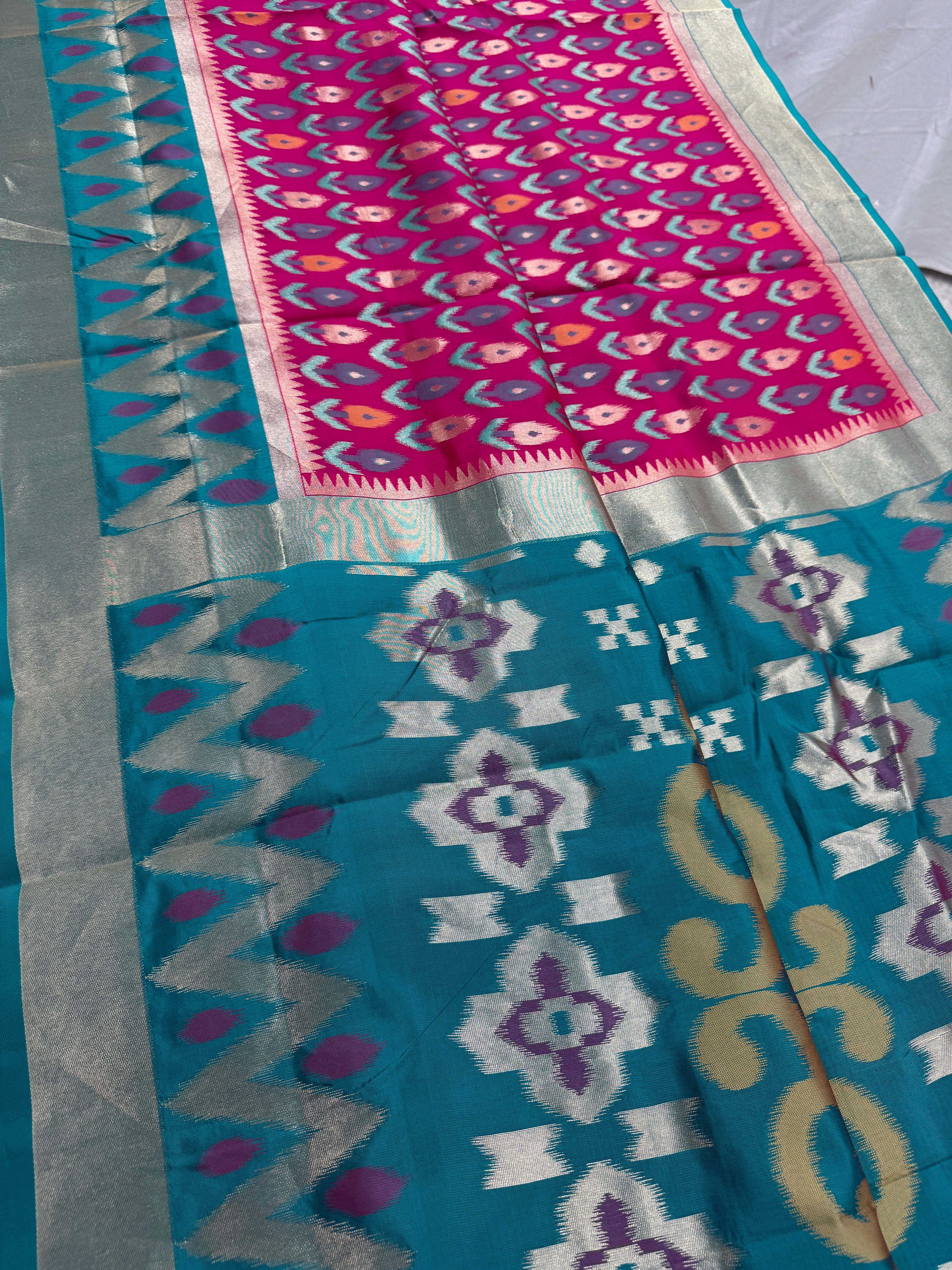 Kalyani | Hot Pink & Rama Green Art Silk Pochampally Saree
