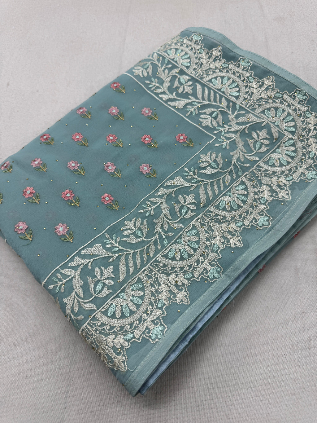 Grace | Sky Blue Georgette Partywear Saree | Pastel Floral Booti Embroidery
