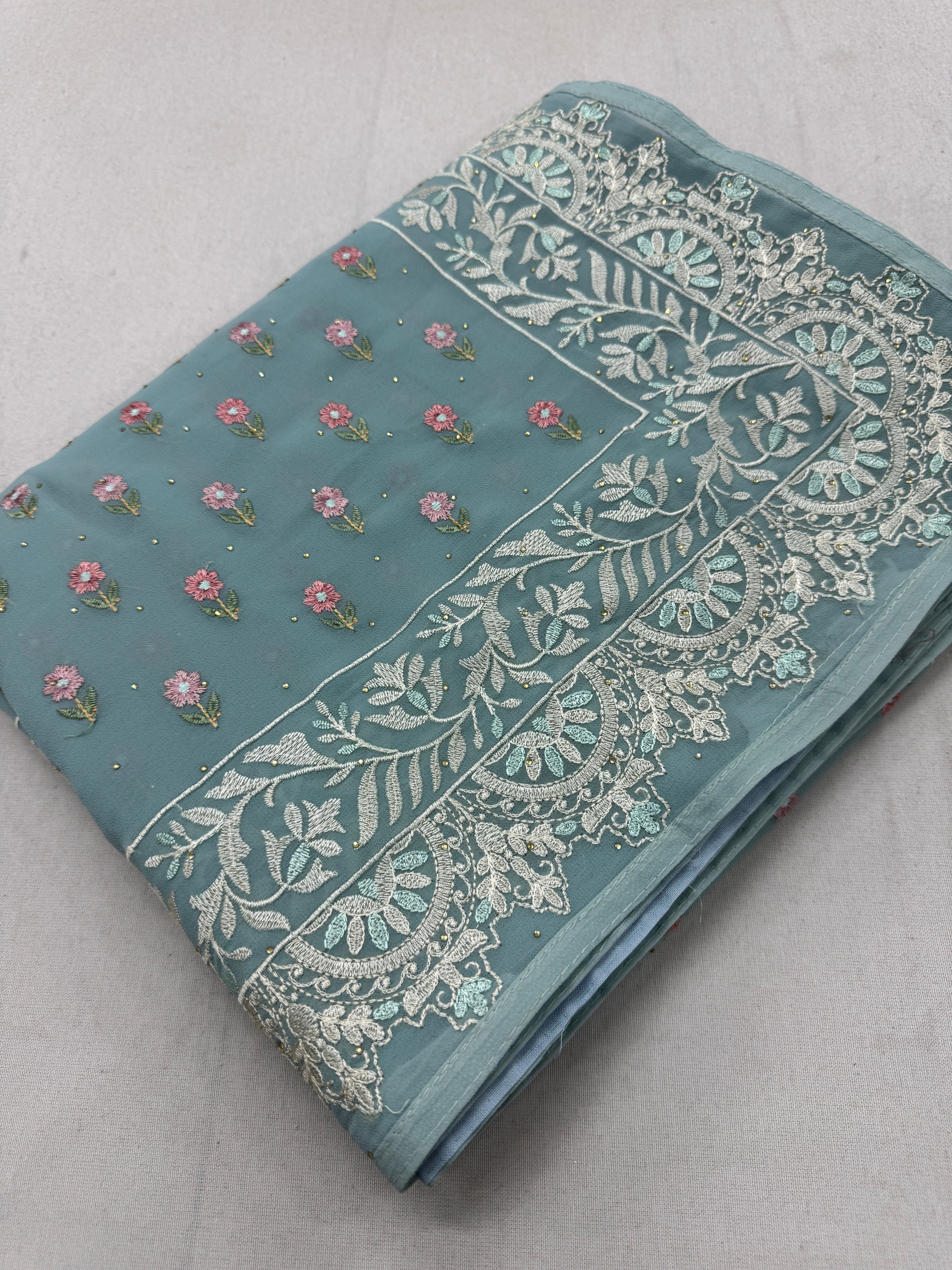 Grace | Sky Blue Georgette Partywear Saree | Pastel Floral Booti Embroidery