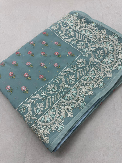 Grace | Sky Blue Georgette Partywear Saree | Pastel Floral Booti Embroidery